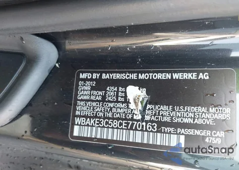 2012 BMW 328 I from USA, damaged, VIN WBAKE3C58CE770163